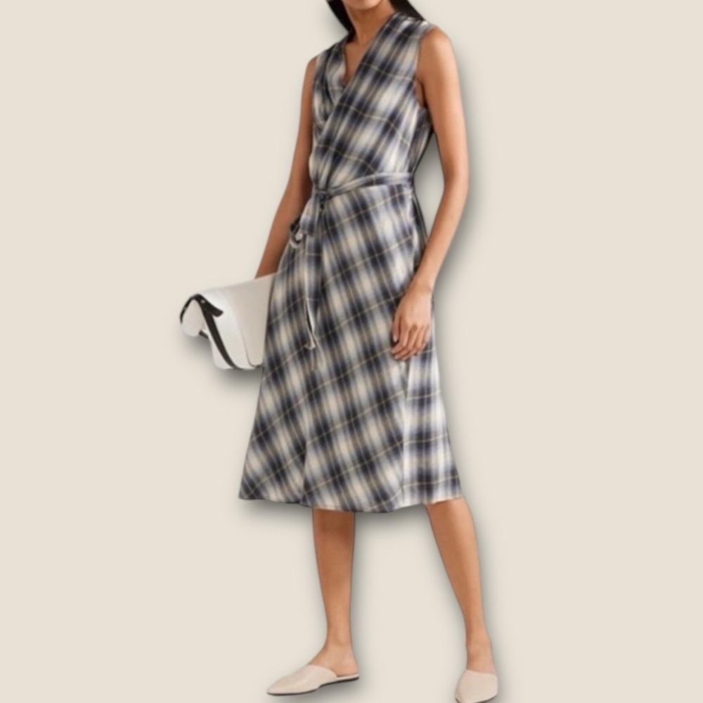 Vince Wrap Midi Dress Blue Plaid Shadow Lightweight Sleeveless Lagenlook Sz M